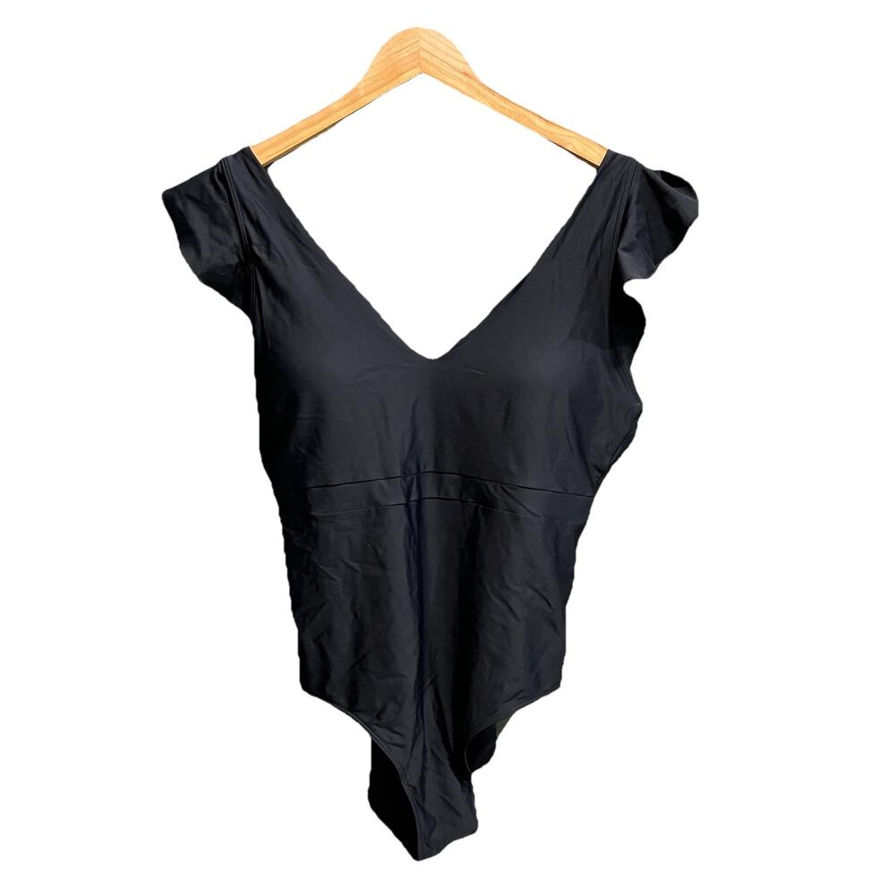 Summersalt Black Ruffle Sleeve V Neck Low Back One Piece Womens Swimsuit Size 16
